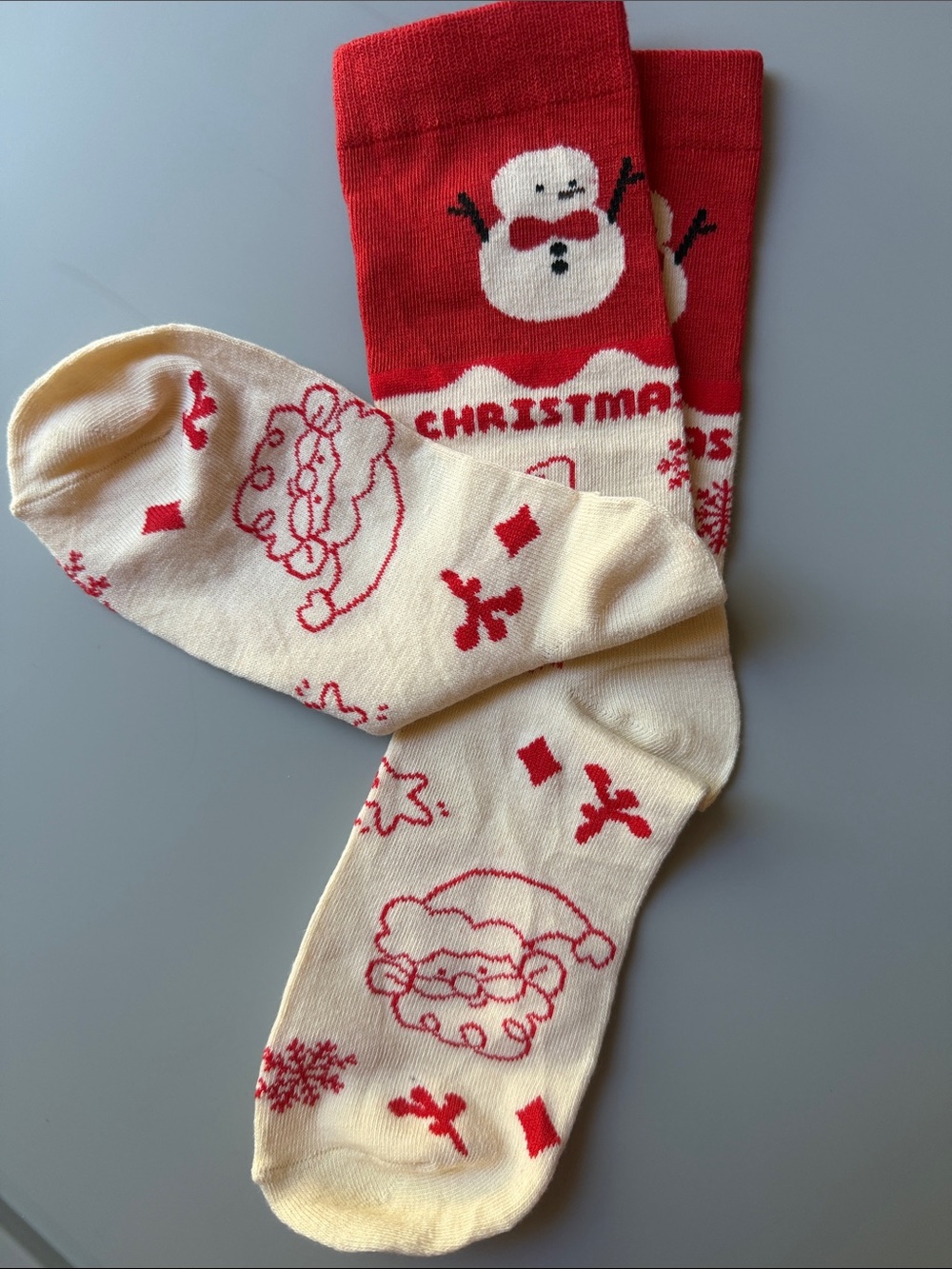 Christmas Snowman & Santa Crew Socks - Red & Cream- NWOT